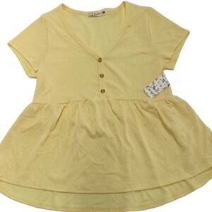 Cloud Dancer Shirt Womens Large Yellow V Neck Button Tiered Hem Stretch Knit Top